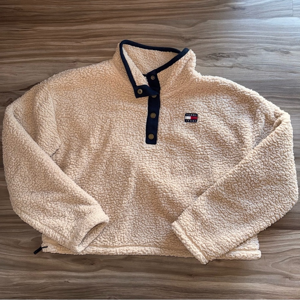 Tommy Hilfiger Beige Fleece Pullover with Navy Trim